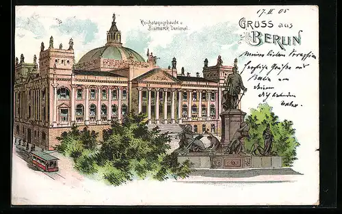 Lithographie Berlin, Bismarck-Denkmal und Reichstagsgebäude