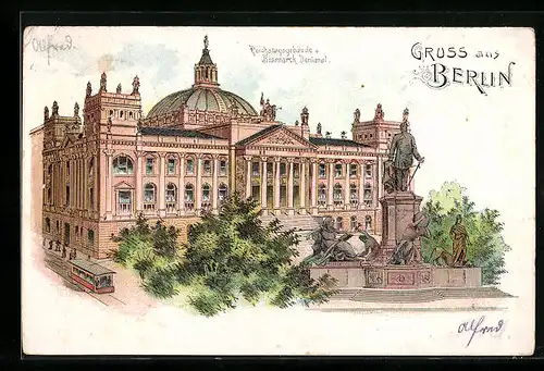 Lithographie Berlin-Tiergarten, Reichstagsgebäude und Bismarck-Denkmal