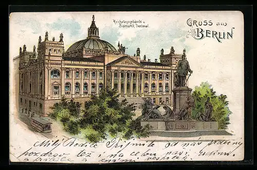Lithographie Berlin-Tiergarten, Reichstagsgebäude und Bismarck-Denkmal