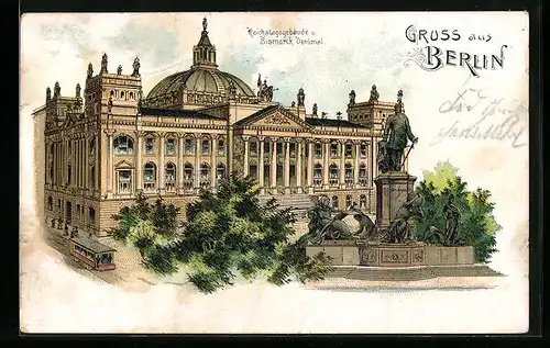 Lithographie Berlin-Tiergarten, Reichstagsgebäude und Bismarck-Denkmal