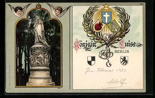 Lithographie Berlin, Gedenkkarte für Königin Luise - Denkmal, Engel und Wappen