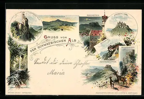 Lithographie Lichtenstein, Burg Lichtenstein, Hohenstaufen, Uracher Wasserfall