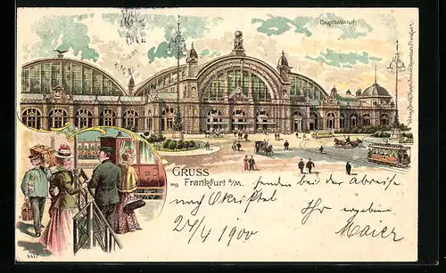 Lithographie Frankfurt, Sicht auf den Hauptbahnhof mit Vorplatz aus der Vogelschau, Reisende