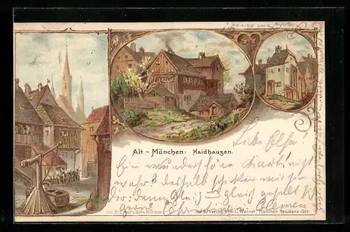 Lithographie München-Haidhausen, Ortspartien, Brunnen