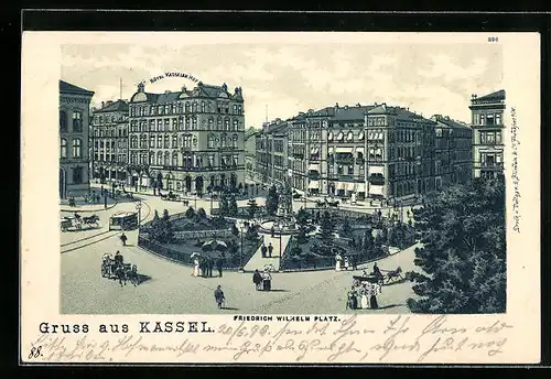 Lithographie Kassel, Friedrich Wilhelm Platz mit Hotel Kasseler Hof und Passanten aus der Vogelschau