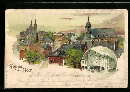 Lithographie Hof, Hotel zum weissen Lamm, Teilansicht
