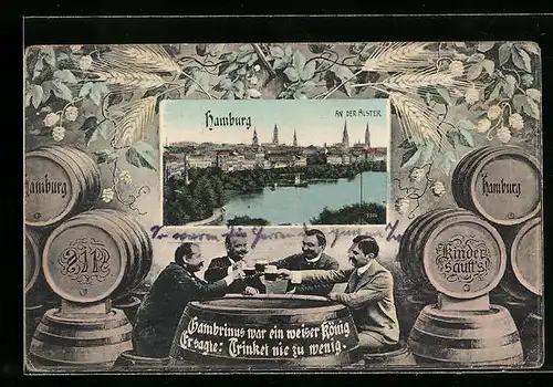 Passepartout-AK Hamburg, Teilansicht mit Alster, Herrenrunde beim Bier