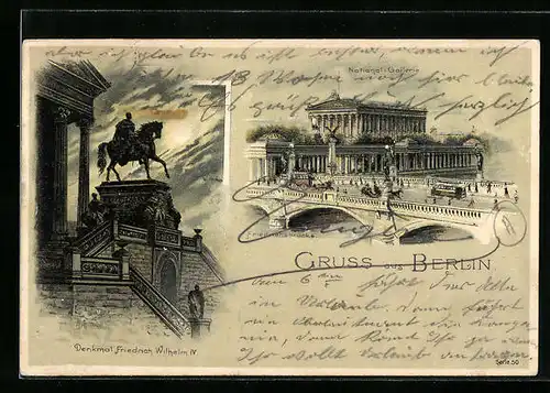 Lithographie Berlin, Denkmal Friedrich Wilhelm, Friedrichsbrücke, National-Gallerie