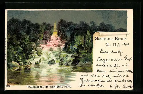 Lithographie Berlin, Illuminierter Wasserfall im Vicktoria Park