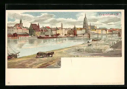 Lithographie Frankfurt a. M., Flusspartie mit Brücke, Panorama