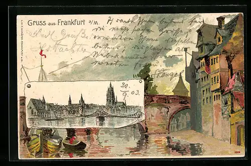 Passepartout-Lithographie Frankfurt a. M., Stadtpanorama, Ortspartie mit Brücke