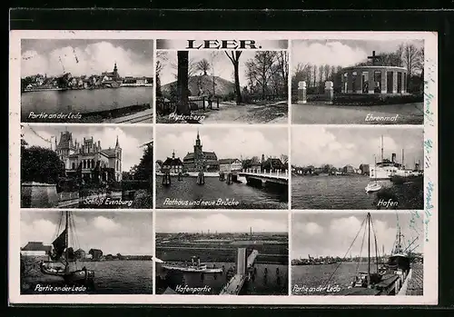 AK Leer, Partie an der Leda, Hafenpartie, Rathaus und neue Brücke