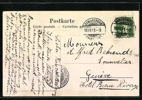 AK Romanshorn, Totale mit Segeboot bei Abendlicht