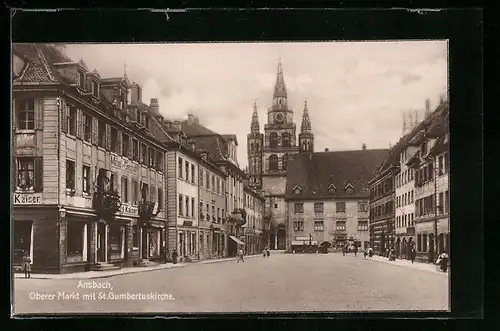AK Ansbach, Oberer Markt mit Geschäften und St. Gumbertuskirche
