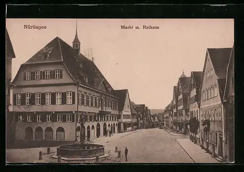 AK Nürtingen, Markt mit Rathaus und Brunnen