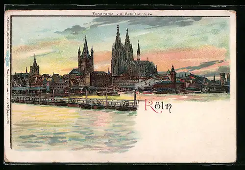 Lithographie Köln, Panorama v. d. Schiffsbrücke