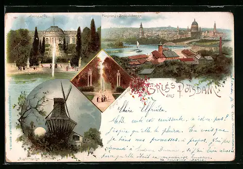 Lithographie Potsdam, Sanssouci, Historische Mühle, Panorama vom Brauhausberg