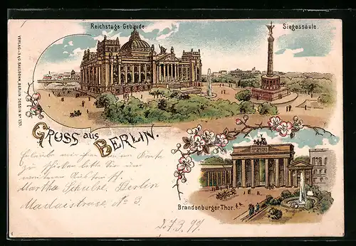 Lithographie Berlin, Reichstags-Gebäude, Brandenburger Tor, Siegessäule