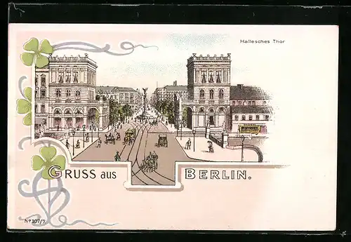 Lithographie Berlin-Kreuzberg, Hallesches Tor und Strassenpartie mit Pferdebahn