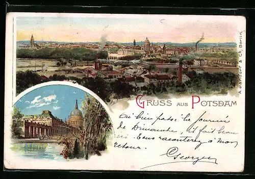 Lithographie Potsdam, Ortspanorama, Stadtschloss