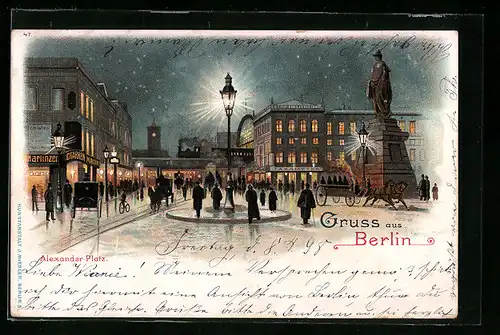 Lithographie Berlin, Alexanderplatz am Abend