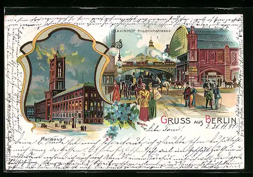 Lithographie Berlin, Bahnhof Friedrichstrasse mit Passanten und Eisenbahn, Rathaus