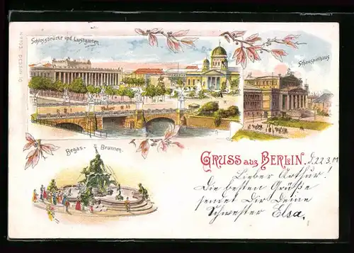 Lithographie Berlin, Schlossbrücke und Lustgarten, Schauspielhaus, Begas-Brunnen