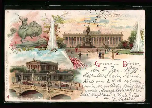 Lithographie Berlin, Friedrichsbrücke, Kgl. Museum, National-Gallerie