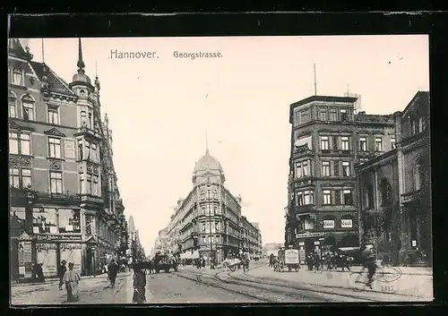 AK Hannover, Gerogstrasse mit Geschäften und Litfasssäule