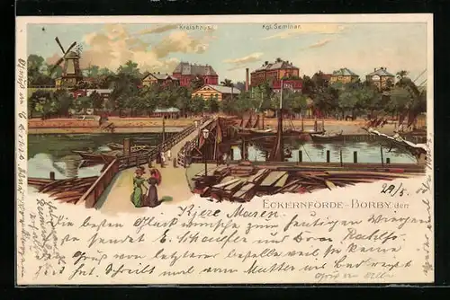 Lithographie Eckernförde-Borby, Hafenpartie, Kreishaus, Kgl. Seminar