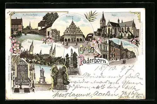 Lithographie Paderborn, Rathaus, Dom, Postamt