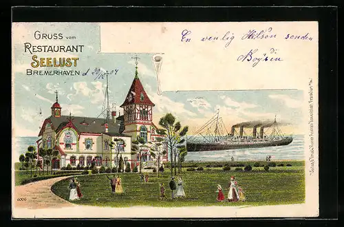 Lithographie Bremerhaven, Gruss vom Restaurant Seelust, Dampfer