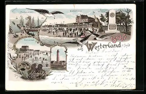 Lithographie Westerland /Sylt, Leuchtturm, Lornsen-Denkmal und Badestrand