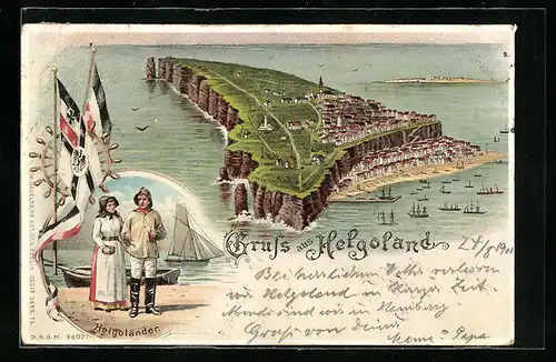 Lithographie Helgoland, Totale der Insel aus der Vogelschau, Helgoländer in Tracht, Reichskriegsflagge