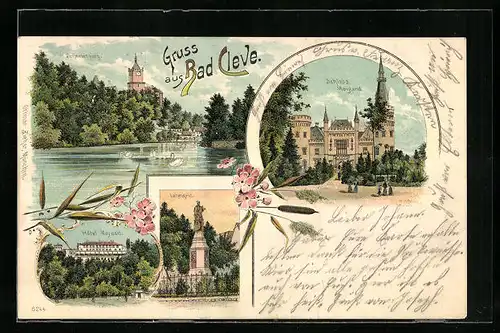 Lithographie Bad Cleve, Hotel Maywald, Schloss Moijland, Lohengrin-Denkmal