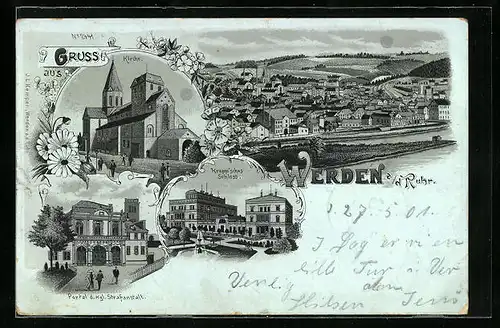 Mondschein-Lithographie Werden a. d. Ruhr, Krupp`sches Schloss, Portal der kgl. Strafanstalt und Kirche