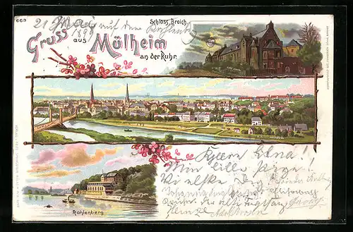 Lithographie Mülheim /Ruhr, Schloss Broich, Panorama vom Wasser aus, Kahlenberg