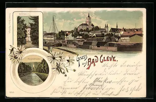 Lithographie Bad Cleve, Amphietheater, Aussichtsturm, Panorama