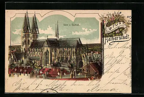 Lithographie Halberstadt, Gruss mit dem Dom v. Süden aus gesehen