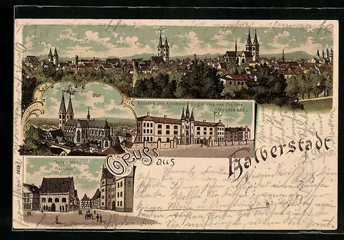 Lithographie Halberstadt, Kaserne des Kürassier Regt. von Seydlitz, Holzmarkt mit Rathaus, Dom