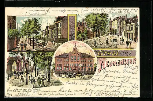 Lithographie Neumünster, Grossflecken mit Denkmal, Louisenstrasse, Partie an der Kieler Bracke