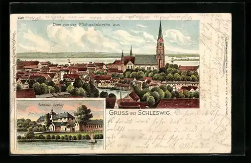 Lithographie Schleswig, Dom von der Michaeliskirche aus, Schloss Gottorp