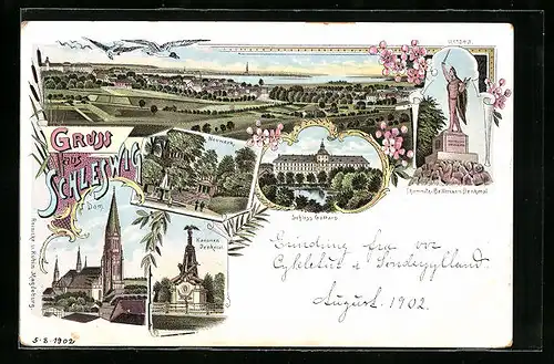 Lithographie Schleswig, Schloss Gottarp, Dom, Neuwerk