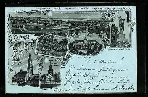 Lithographie Schleswig, Schloss Gottarp, Neuwerk, Kanonendenkmal