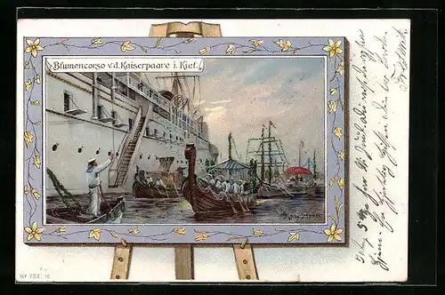 Lithographie Kiel, Blumencorso v. d. Kaiserpaare auf der Staffelei