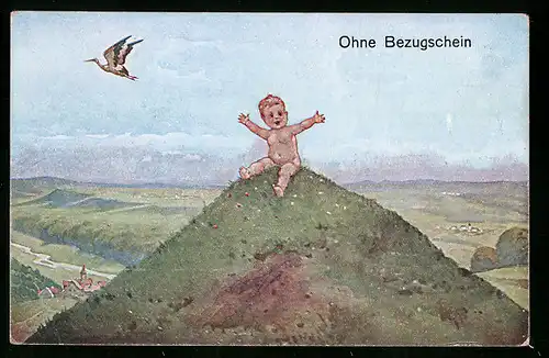 AK Ohne Bezugsschein, Nacktes Kleinkind auf einem Hügel, Kriegsnot