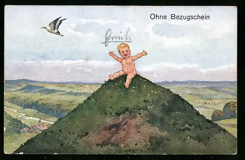 AK Ohne Bezugsschein, Nacktes Kleinkind auf einem Hügel, Kriegsnot