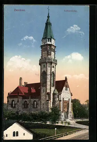 AK Zwickau, Lutherkirche mit Strasse