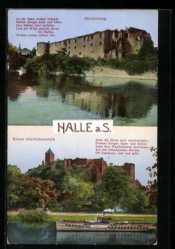 AK Halle / Saale, Moritzburg, Dampfer an der Ruine Giebichenstein