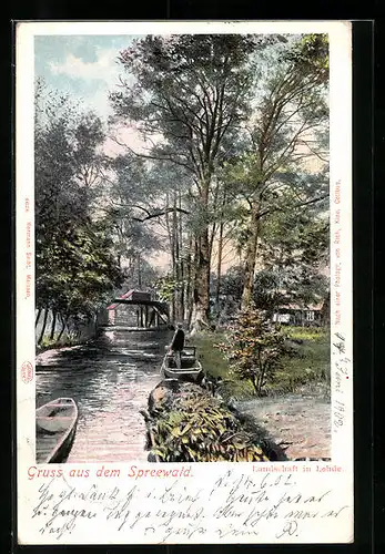AK Lehde, Landschaft mit Booten und Brücke